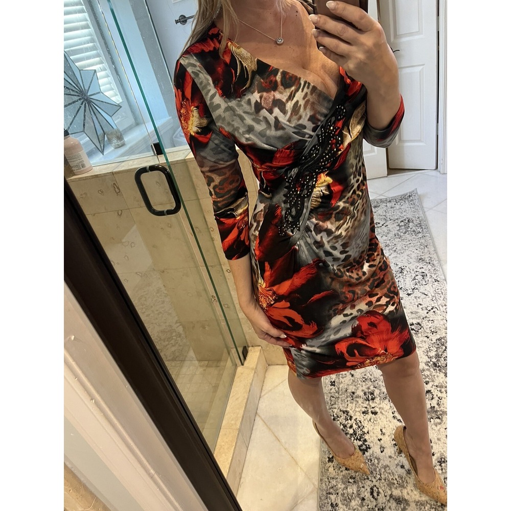 Boston Proper Animal Print Red Wrap Dress Rhinestone Pinup S